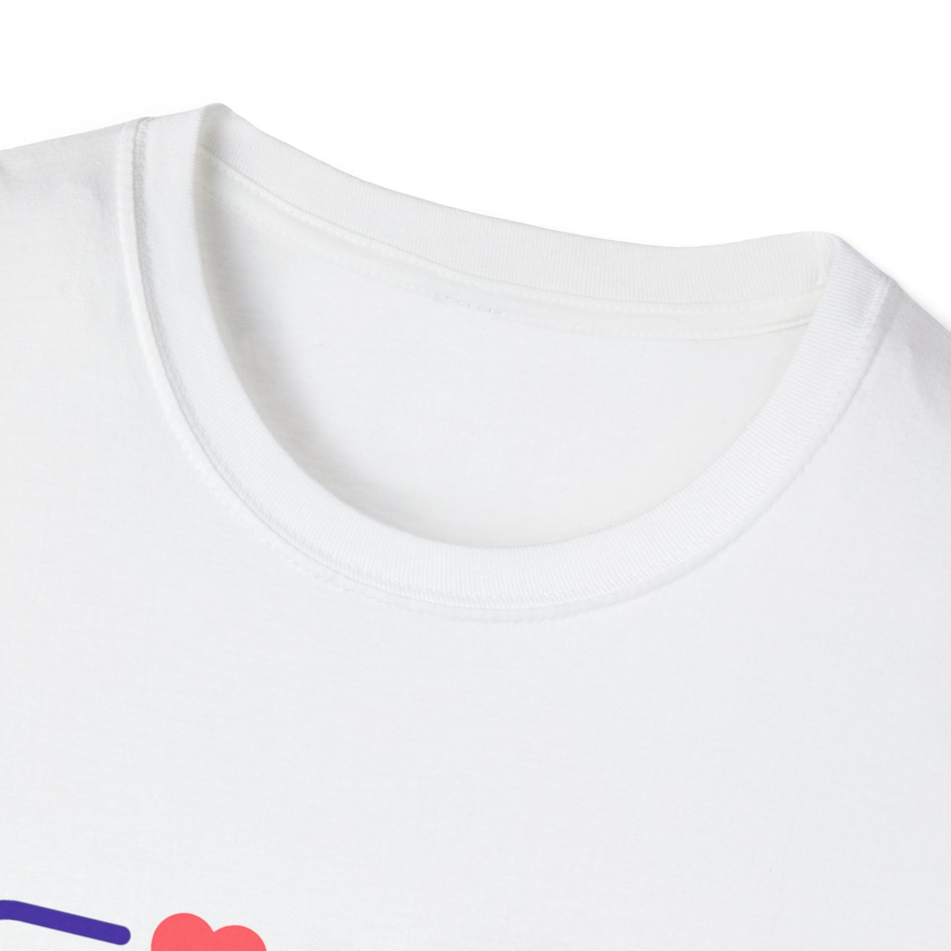 Close-up of a white t-shirt with colorful design elements on a white background