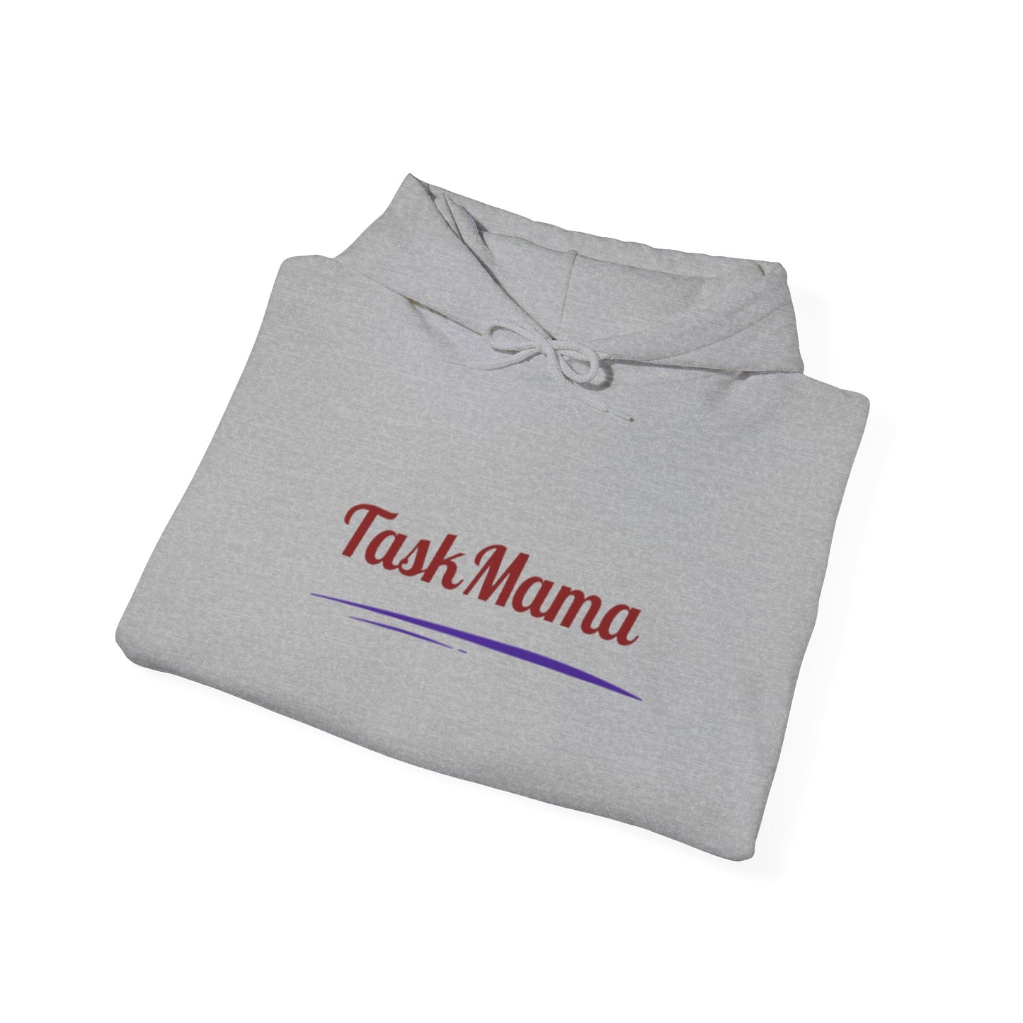 Folded gray hoodie with 'Task Mama' text on a white background