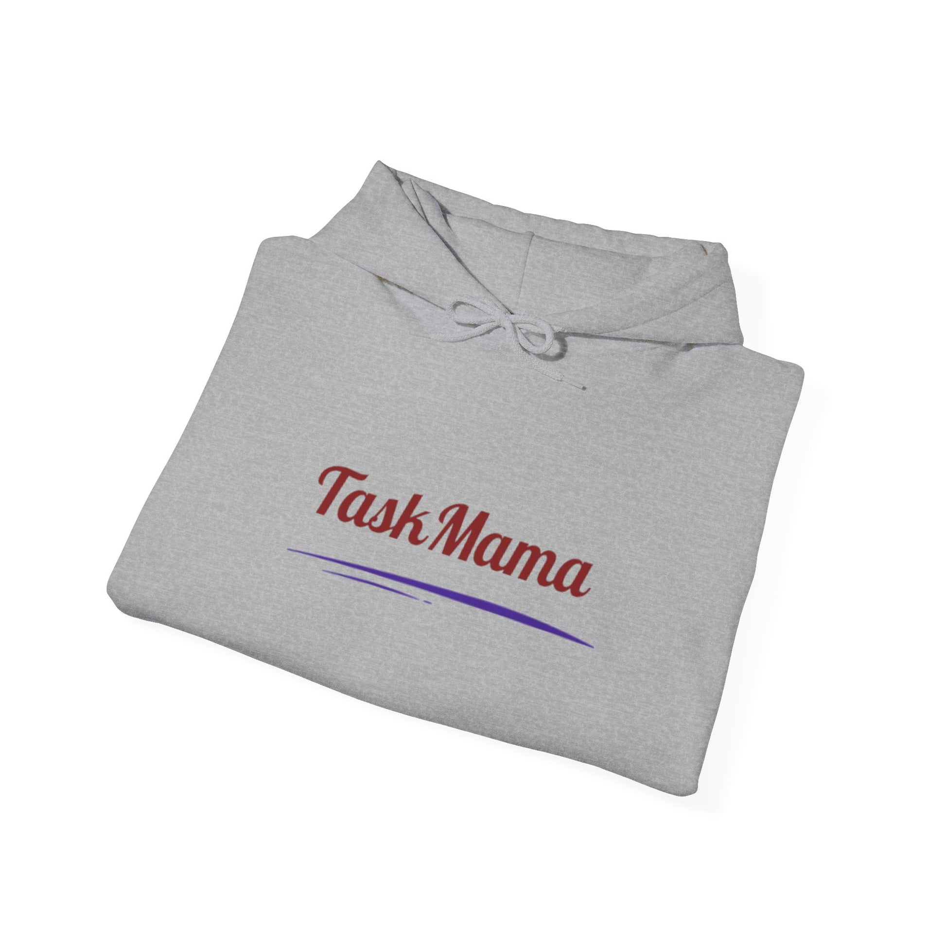 Folded gray hoodie with 'Task Mama' text on a white background