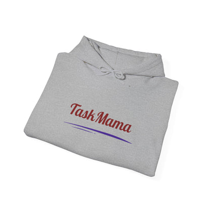 Folded gray hoodie with 'Task Mama' text on a white background