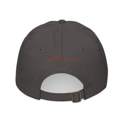 Dark gray cap with a logo on the back against a white background