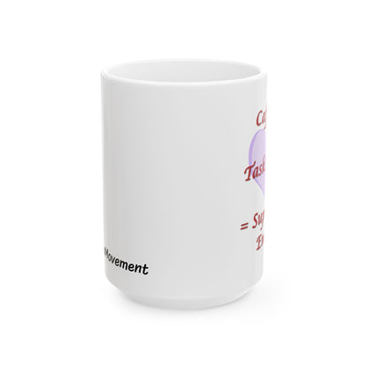 White mug with text on a white background