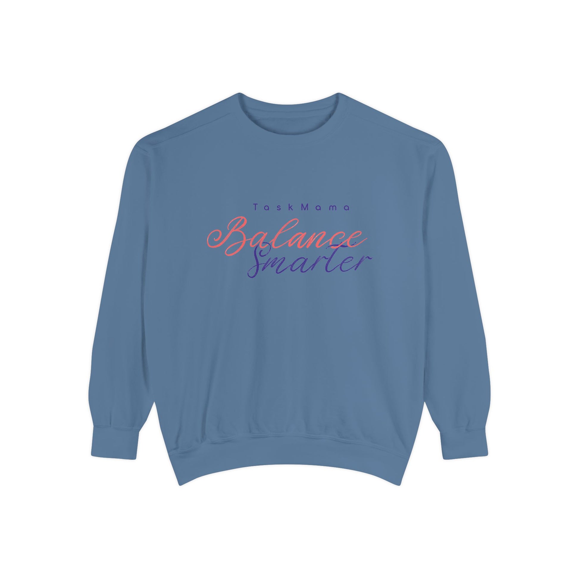 Blue sweatshirt with text on a white background