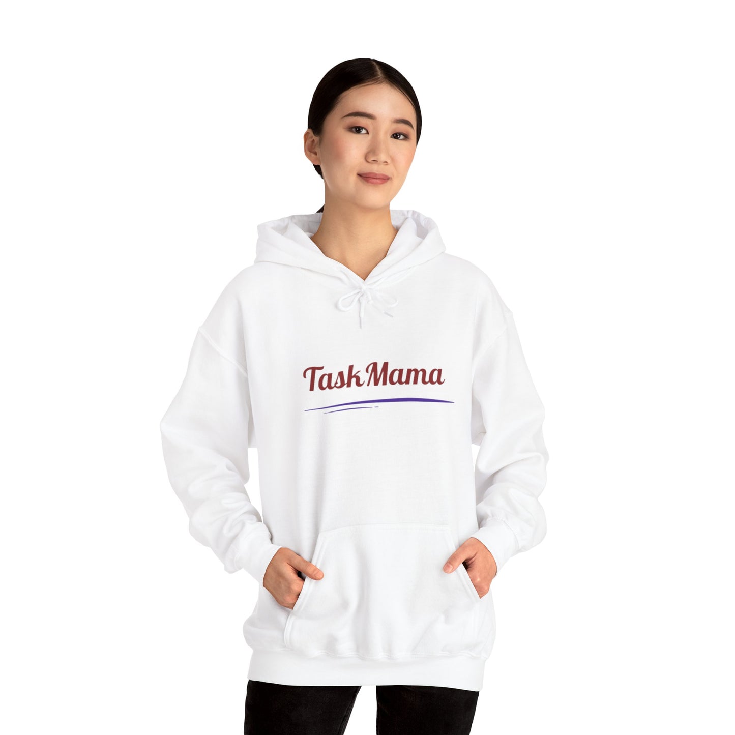 Person wearing a white hoodie with 'Task Mama' text on a white background