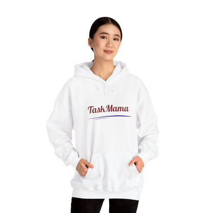 Person wearing a white hoodie with 'Task Mama' text on a white background
