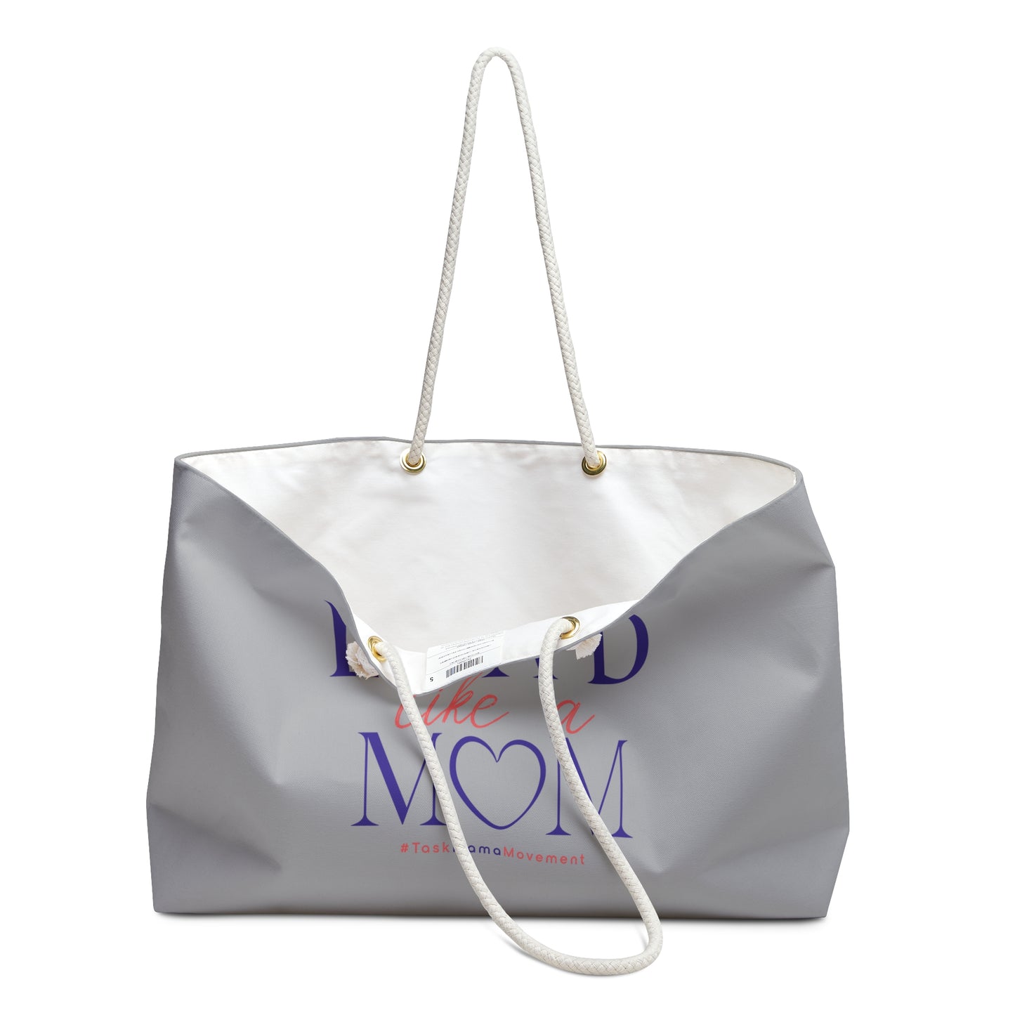 Gray tote bag with 'Ruled like a Mom' text on a white background
