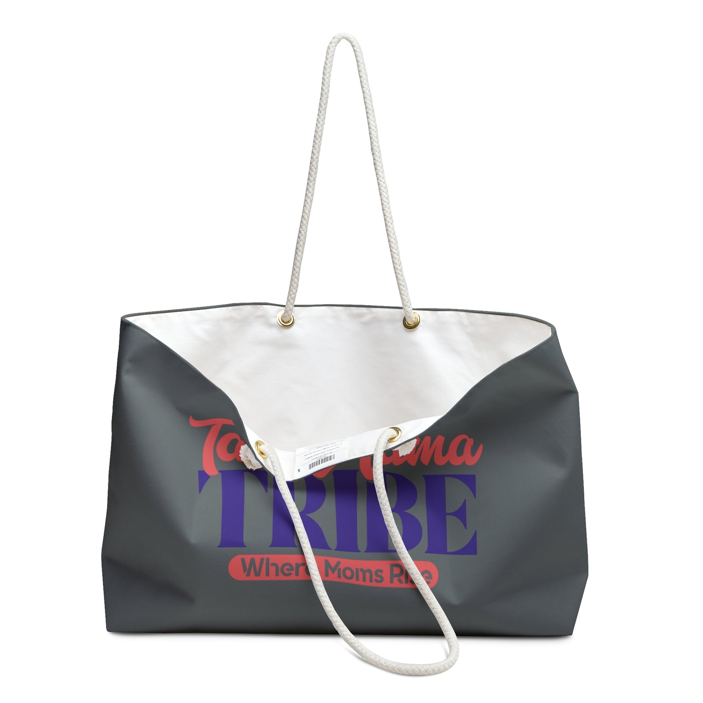 Gray tote bag with white interior, red and purple text on a white background