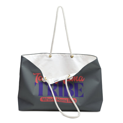 Gray tote bag with white interior, red and purple text on a white background