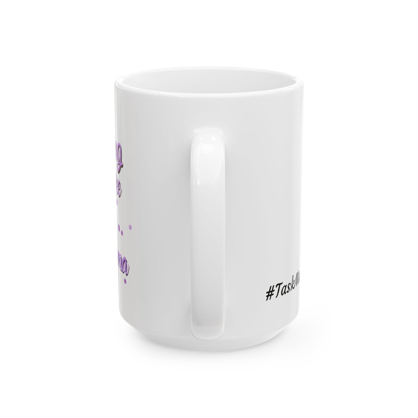 White mug with 'Running on coffee and TaskMama' text, surrounded by Halloween-themed treats and pumpkins.