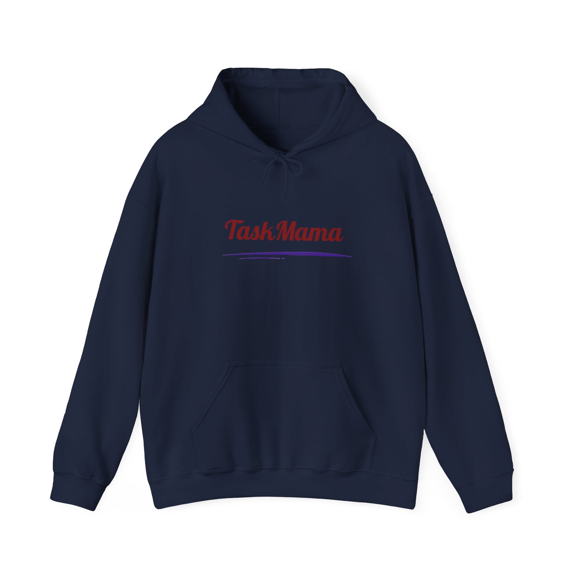 Navy blue hoodie with 'TaskMama' text in red on a white background