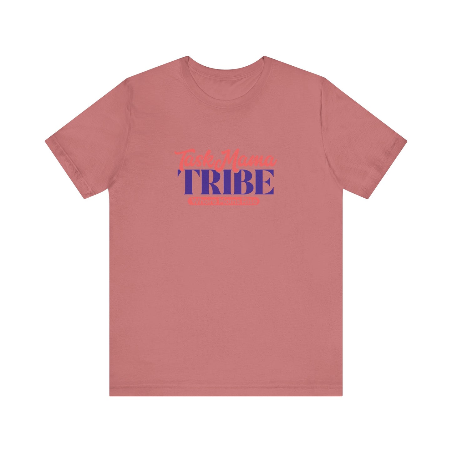 Reddish-brown t-shirt with 'tribe' text in red and blue on a white background