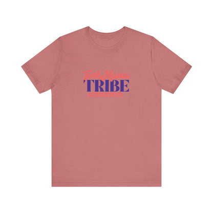 Reddish-brown t-shirt with 'tribe' text in red and blue on a white background