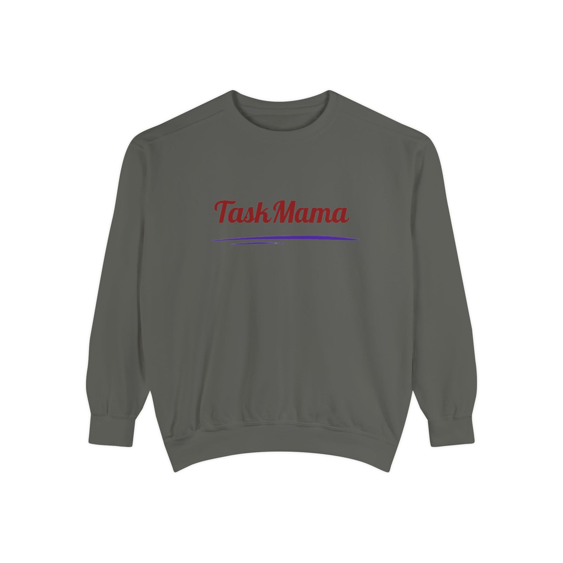 Gray sweatshirt with 'Task Mama' text in red and blue on a white background