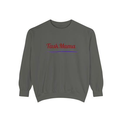 Gray sweatshirt with 'Task Mama' text in red and blue on a white background