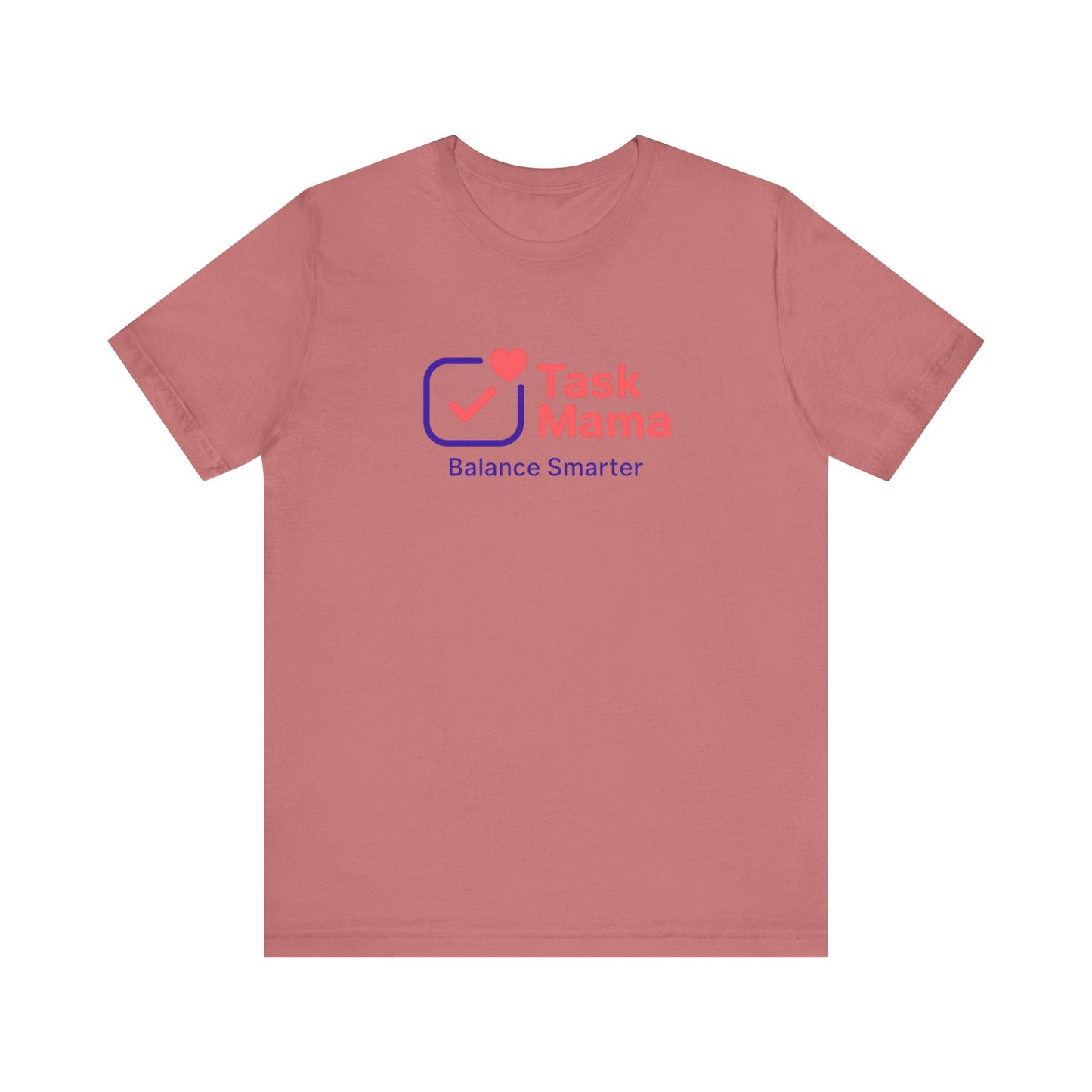 Pink t-shirt with a logo and text on a white background