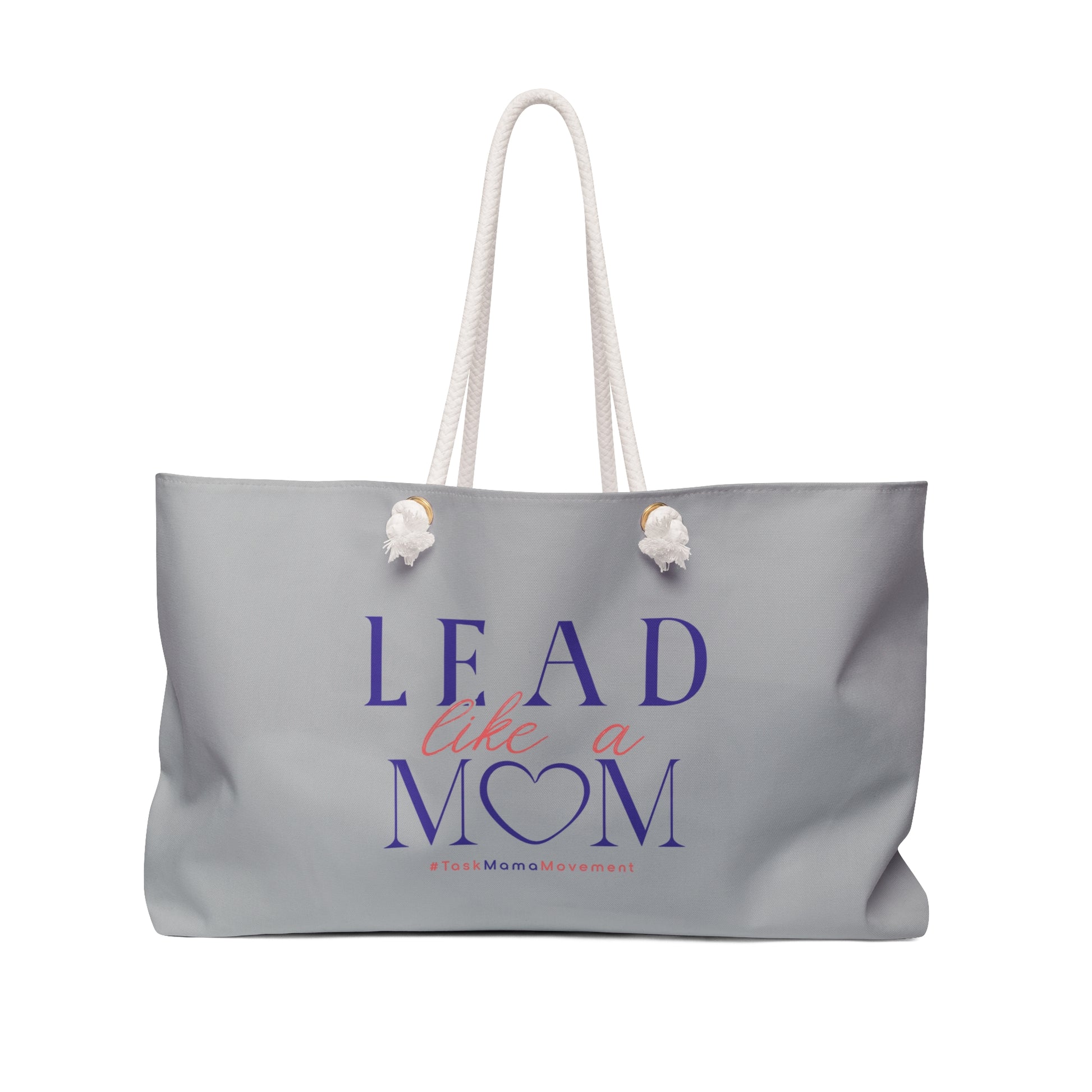 Gray tote bag with 'Lead Like a Mom' text on a white background