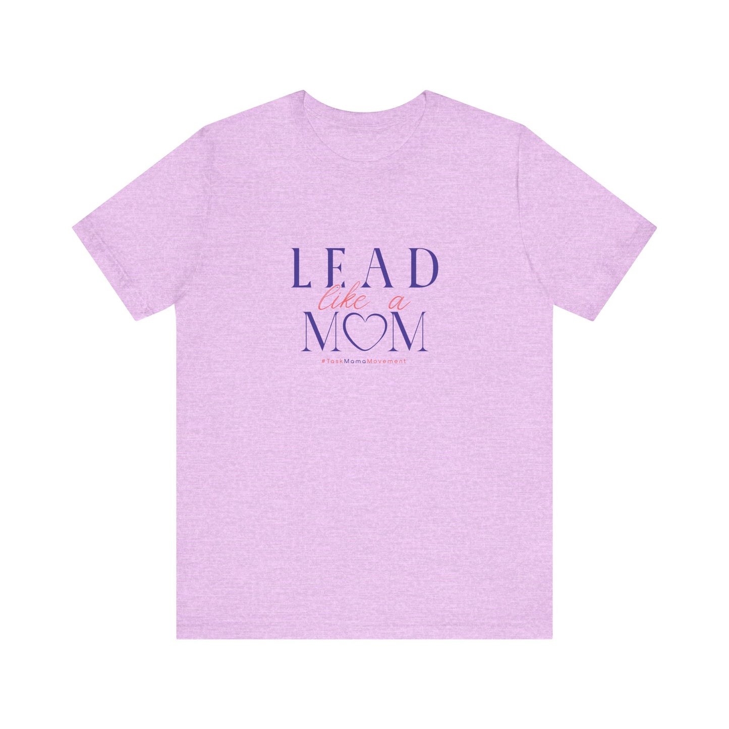 Purple t-shirt with 'Lead Like a Mom' text on a white background
