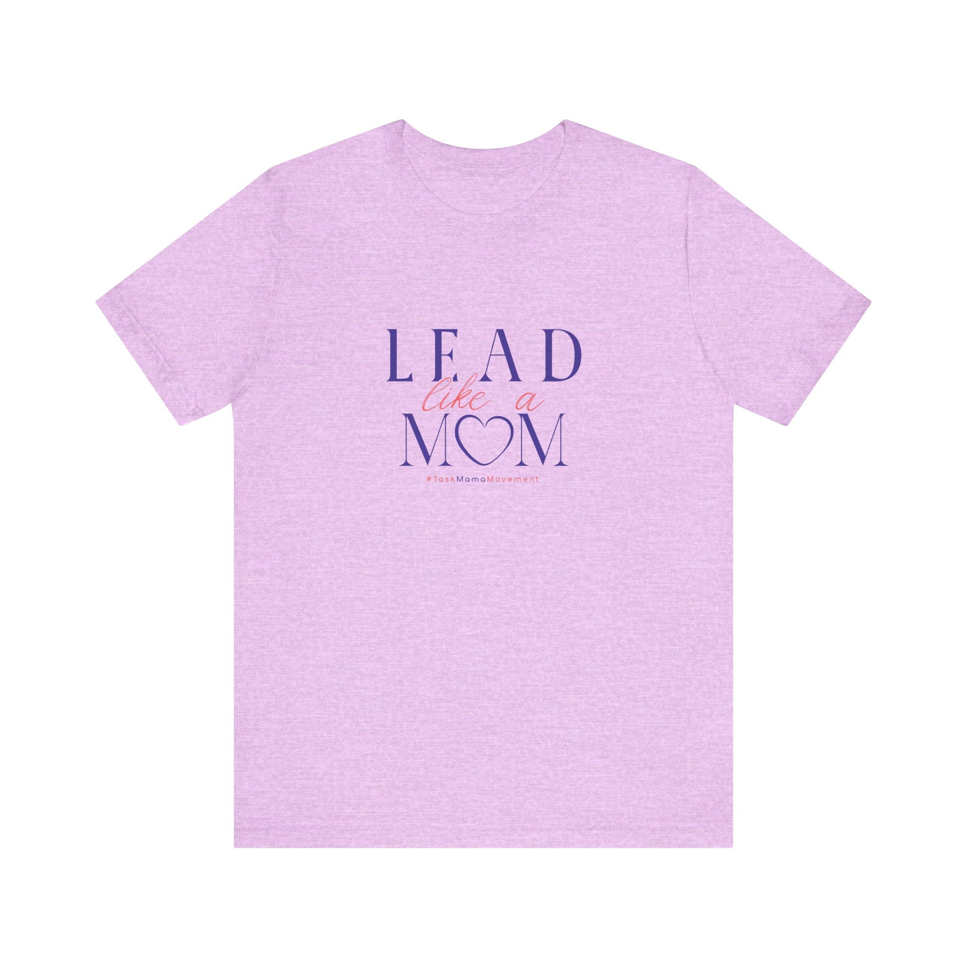 Purple t-shirt with 'Lead Like a Mom' text on a white background