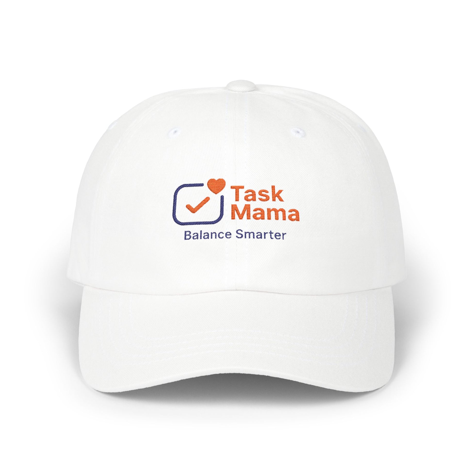 White cap with Task Mama logo on a white background