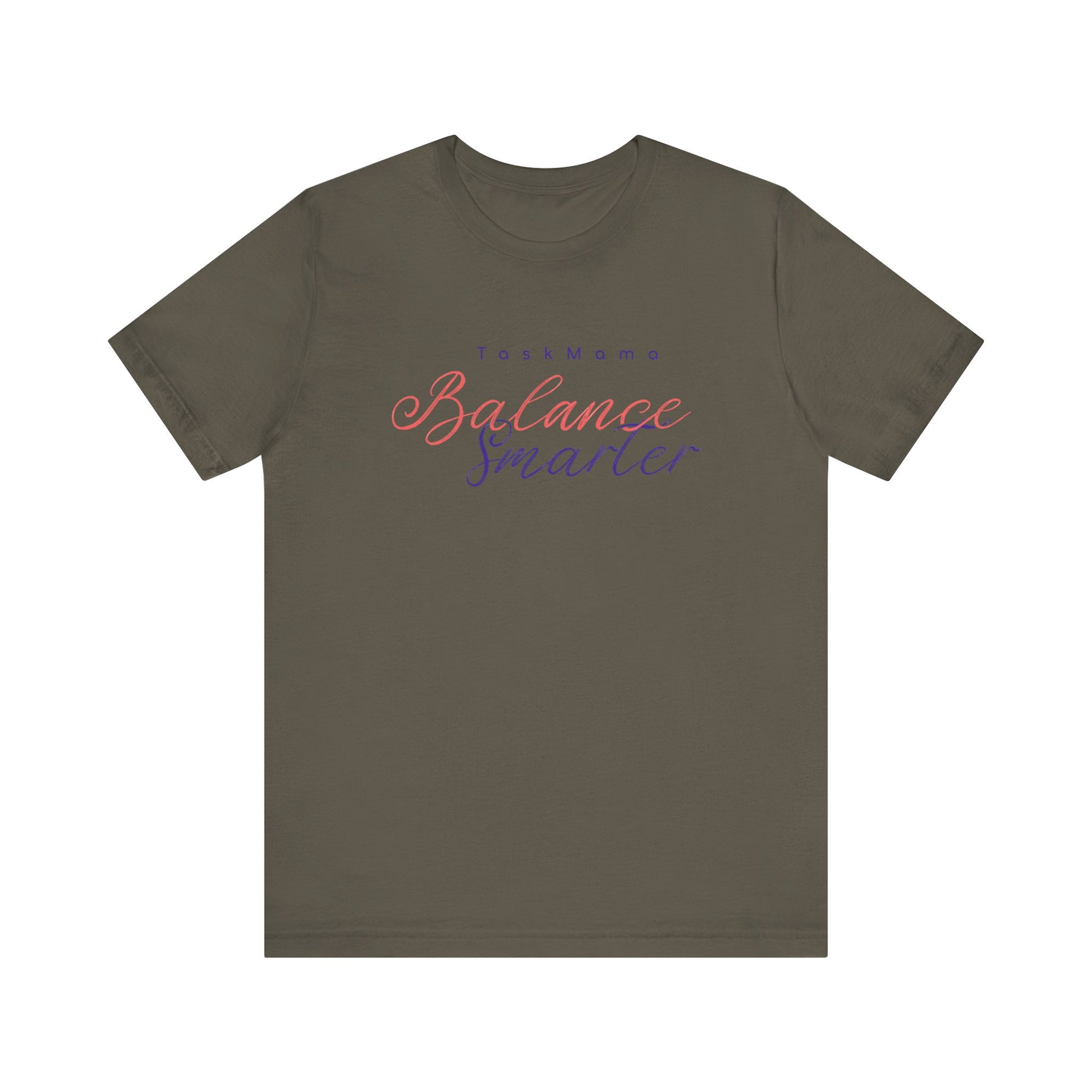 Brown t-shirt with 'Balance Smarter' text on a white background