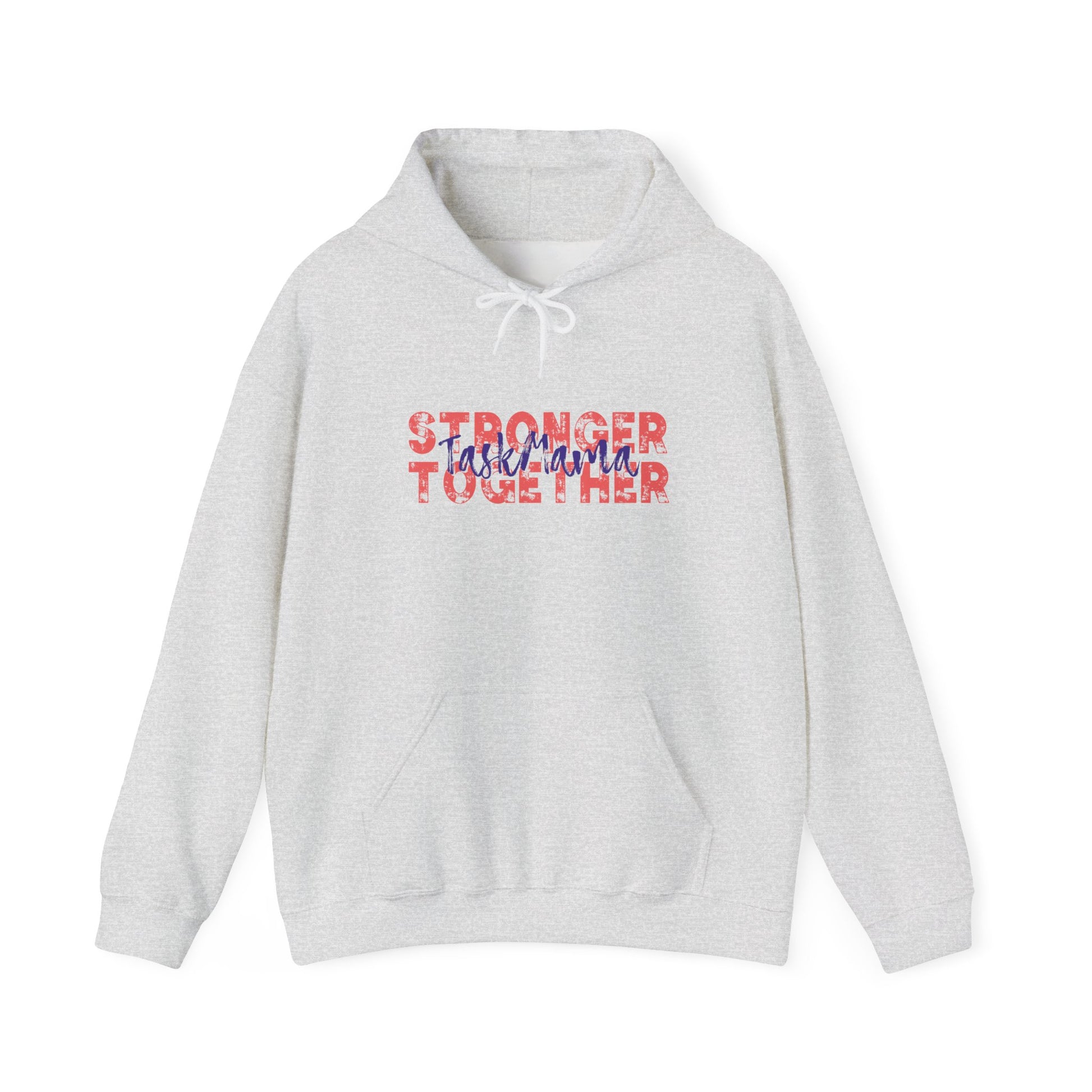 Gray hoodie with 'Stronger Together' text on a white background