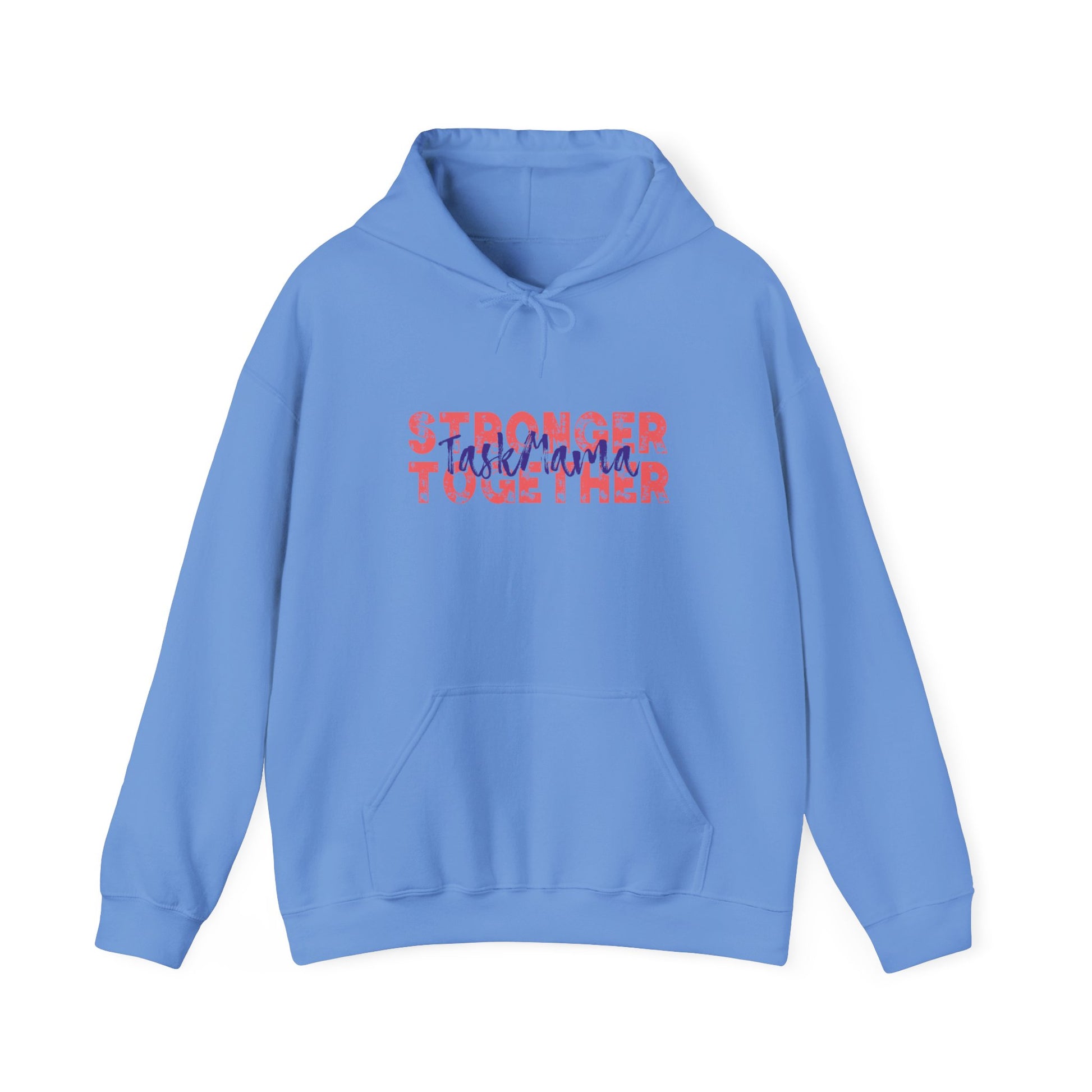 Blue hoodie with 'Stronger Together' text on a white background