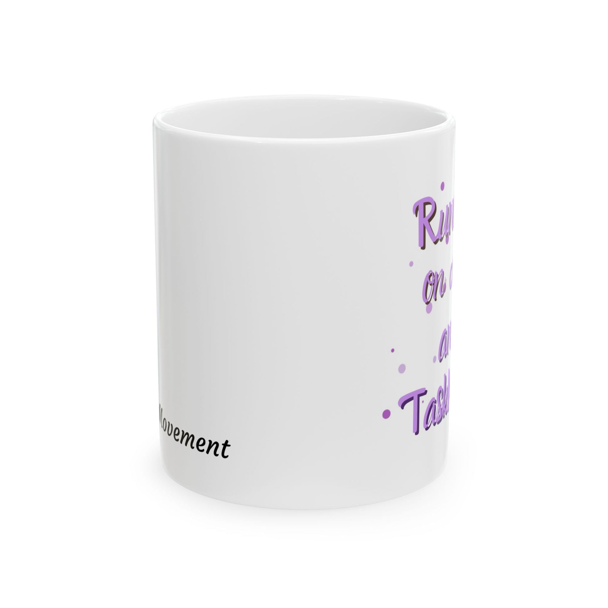 White mug with purple and black text on a white background
