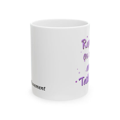 White mug with purple and black text on a white background