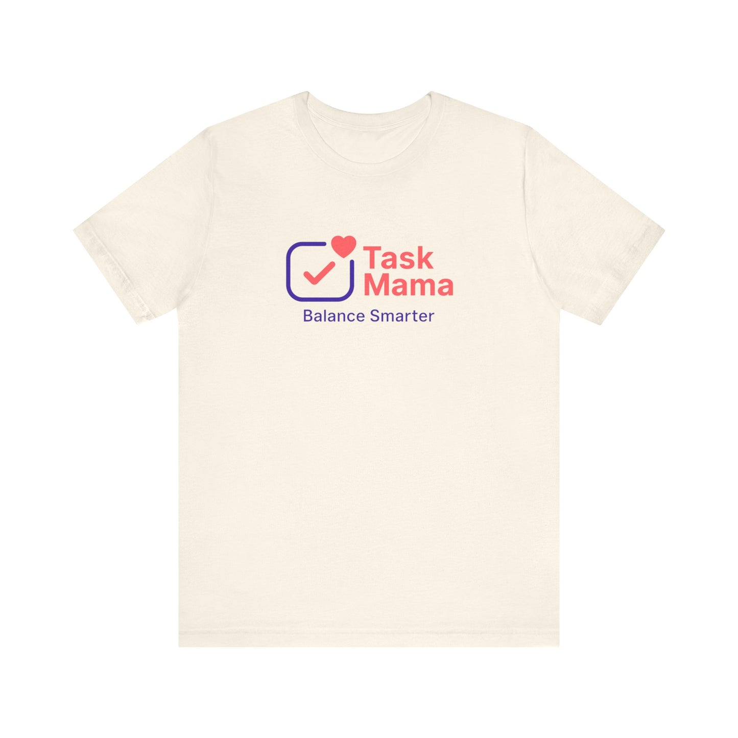 Beige t-shirt with 'Task Mama' logo and text on a white background