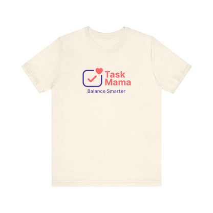 Beige t-shirt with 'Task Mama' logo and text on a white background