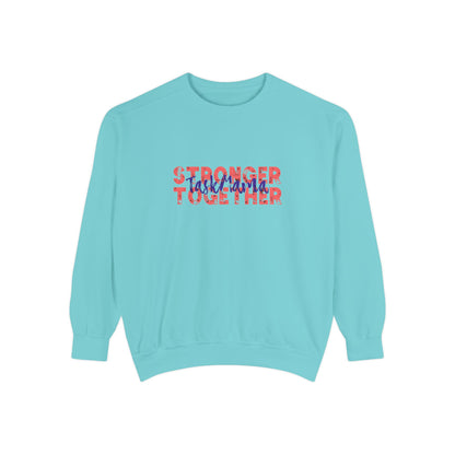 Light blue sweatshirt with text 'Stronger Together' on a white background