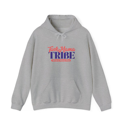 Gray hoodie with 'Task Mama TRIBE' text on a white background