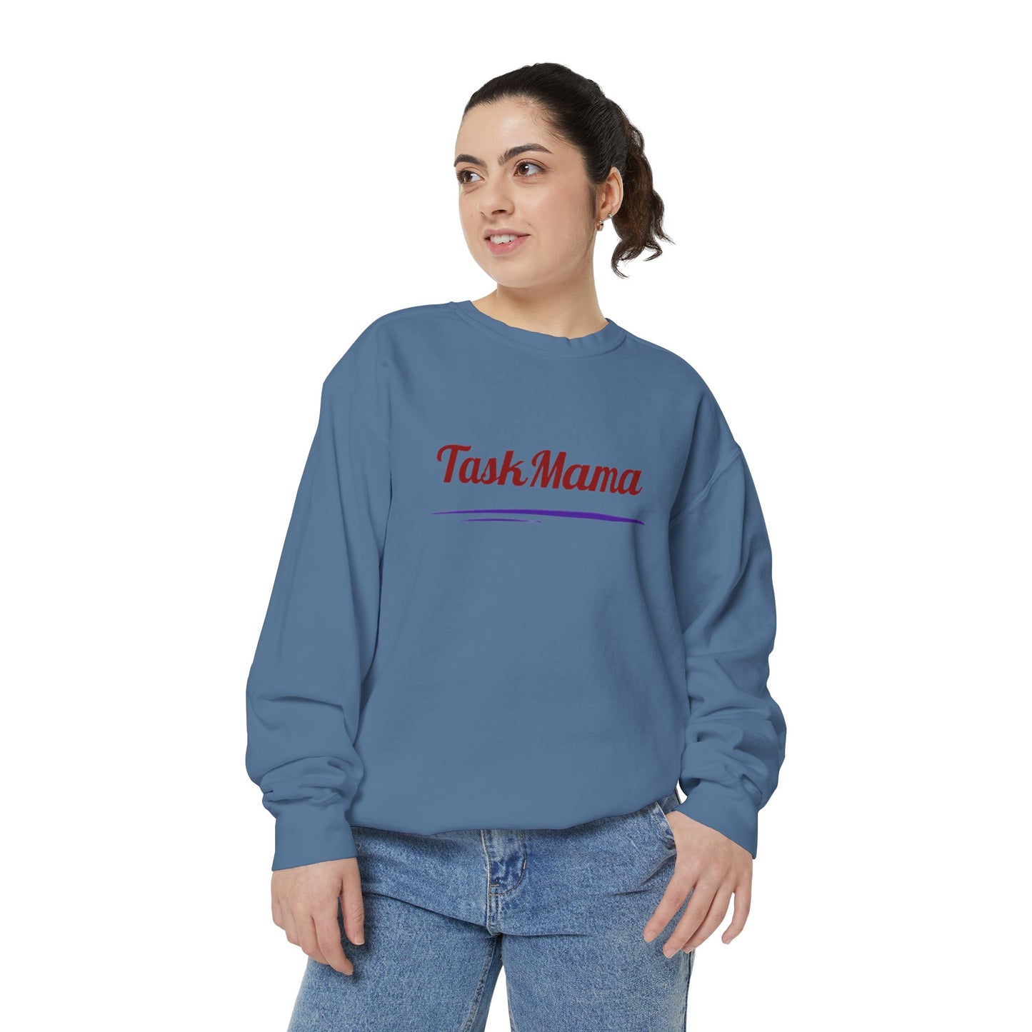 Person wearing a blue sweatshirt with 'Task Mama' text on a white background