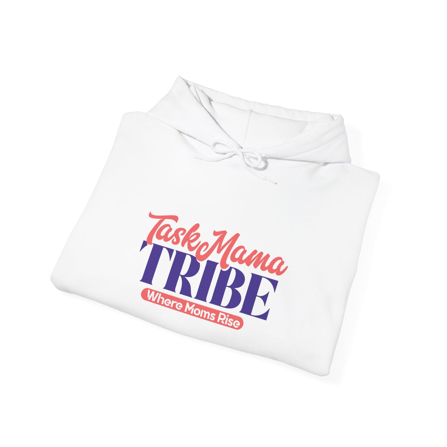 White hoodie with 'Taske Mama TRIBE' text on a white background