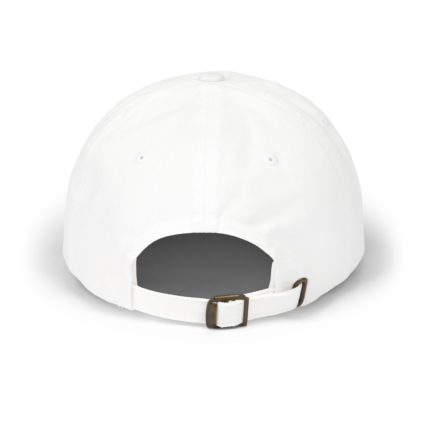 White baseball cap with a brown buckle on a white background
