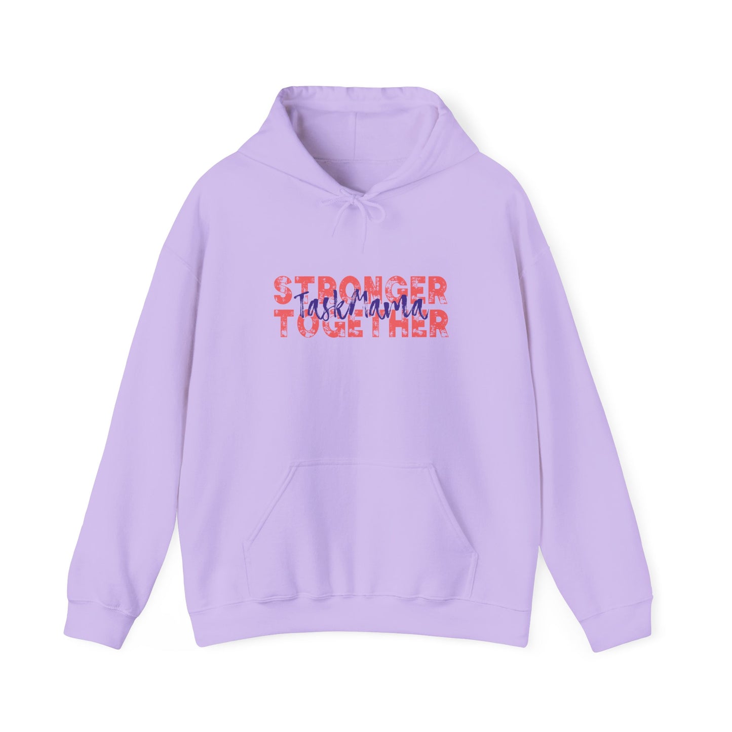 Lavender hoodie with text 'Stronger Together' on a white background