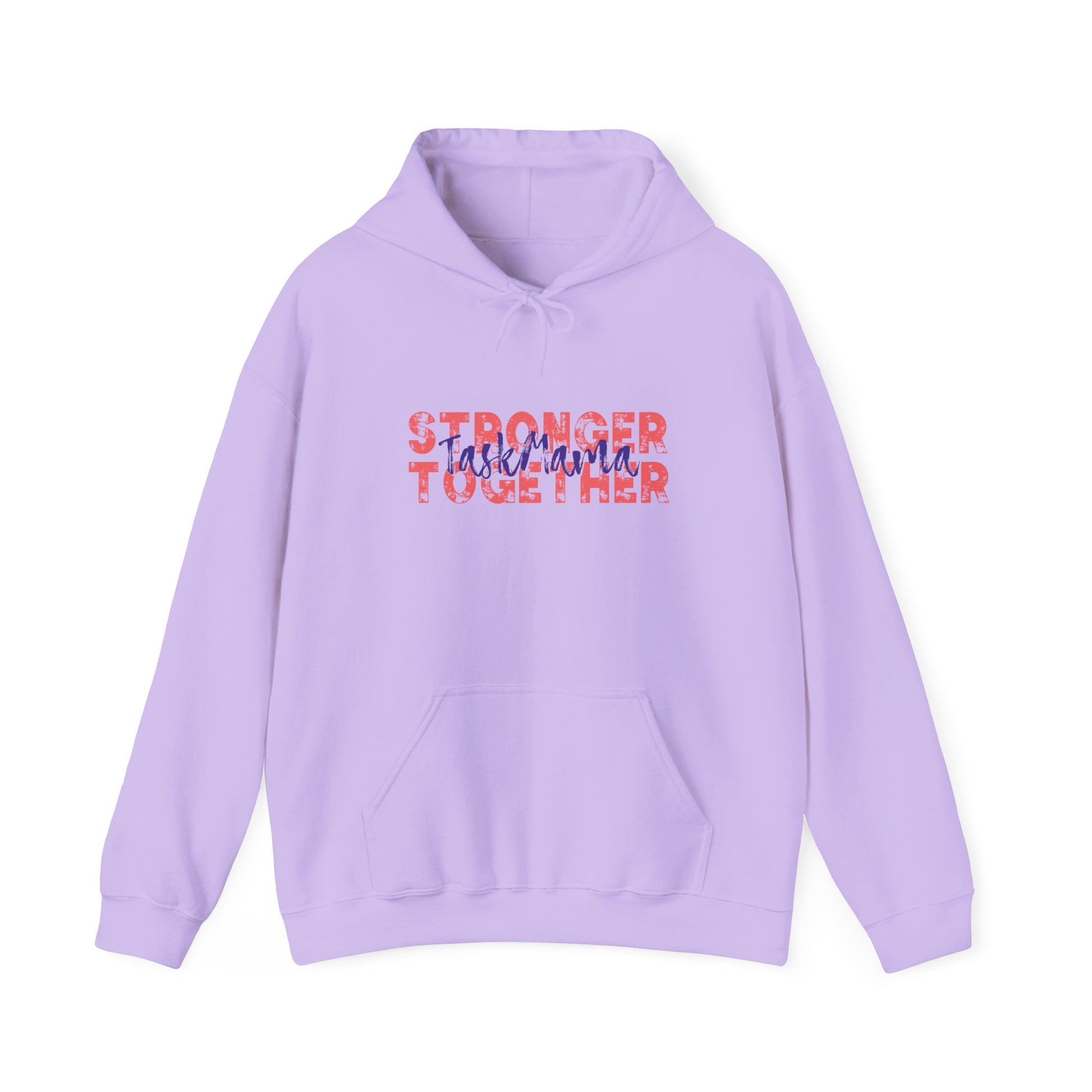Lavender hoodie with text 'Stronger Together' on a white background