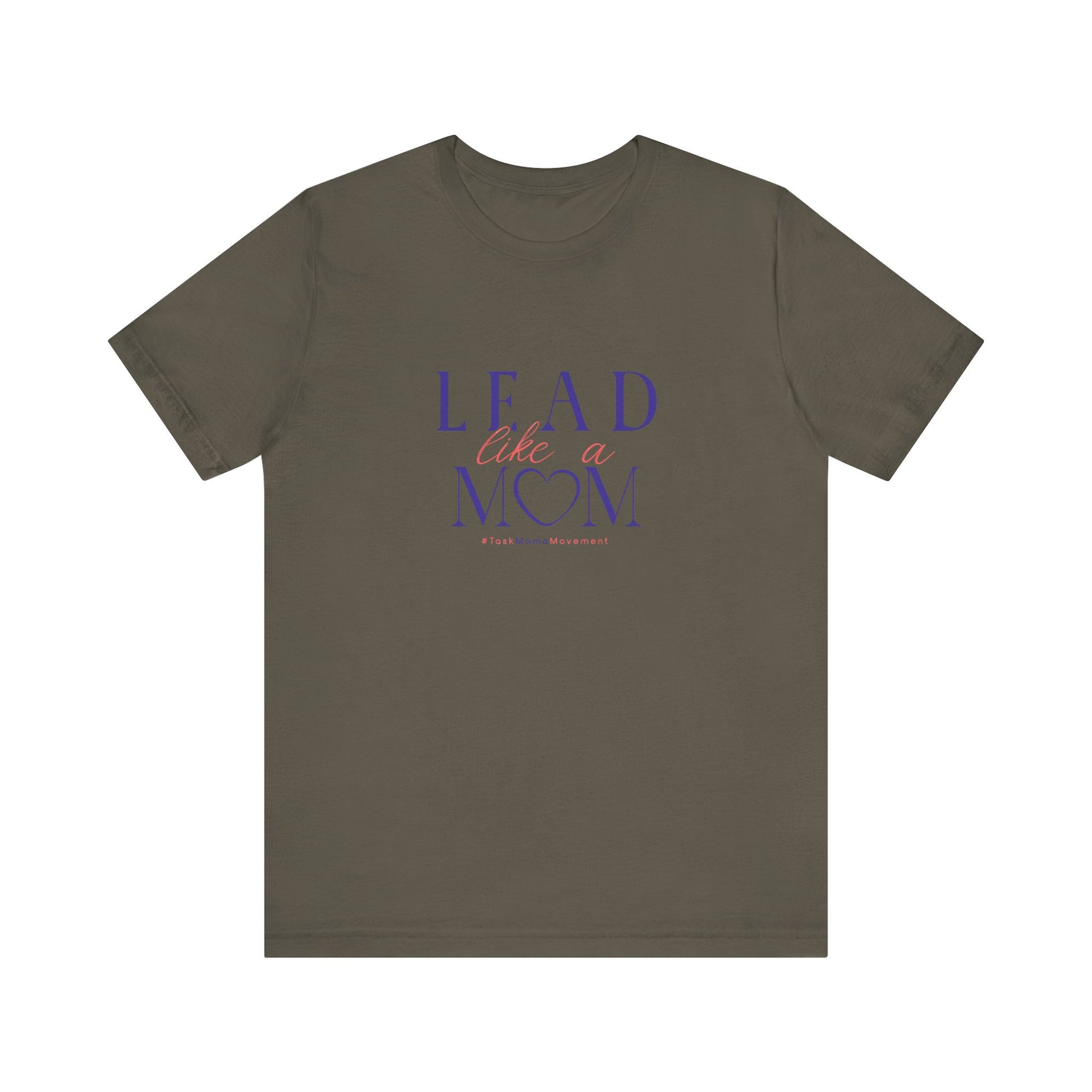 Brown t-shirt with 'Lead like a mom' text on a white background