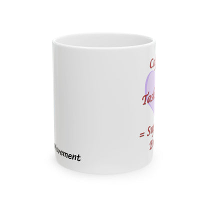White mug with text on a white background