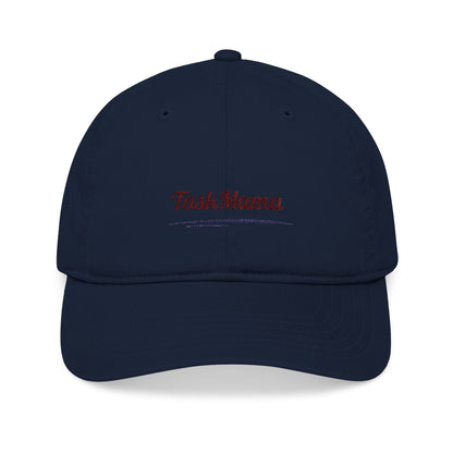 Navy blue cap with 'Tush Mama' text on a white background