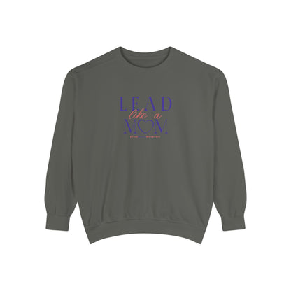 Gray sweatshirt with 'Lead like a mom' text on a white background