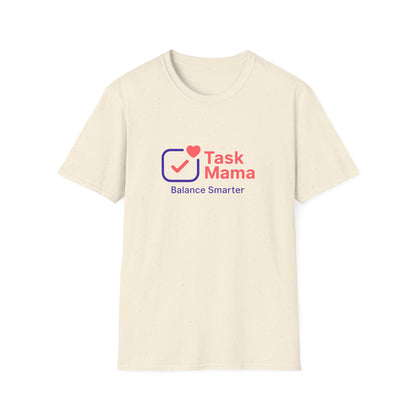 Beige t-shirt with 'Task Mama' logo and text on a white background