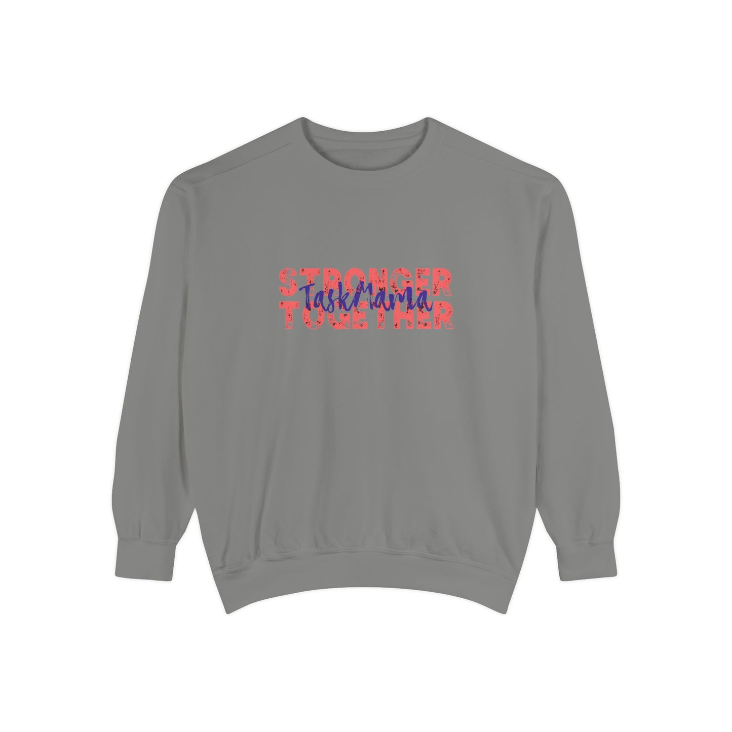 Gray sweatshirt with colorful text on a white background