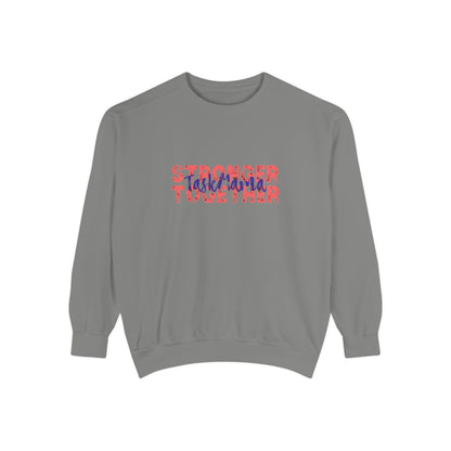 Gray sweatshirt with colorful text on a white background