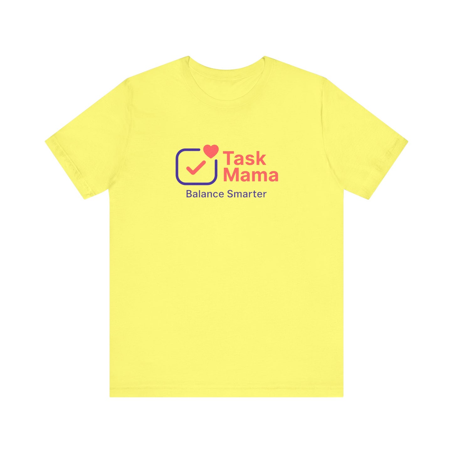 Yellow t-shirt with Task Mama logo and text on a white background