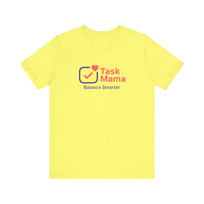 Yellow t-shirt with Task Mama logo and text on a white background