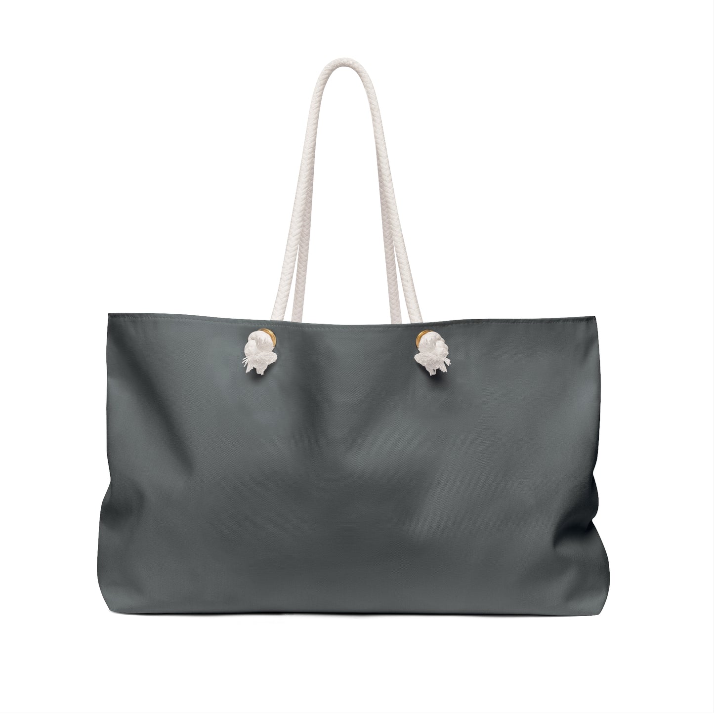 Gray tote bag with white handles on a white background