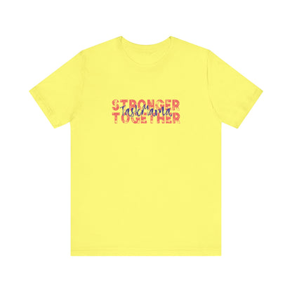 Yellow t-shirt with 'Stronger Together' text on a white background