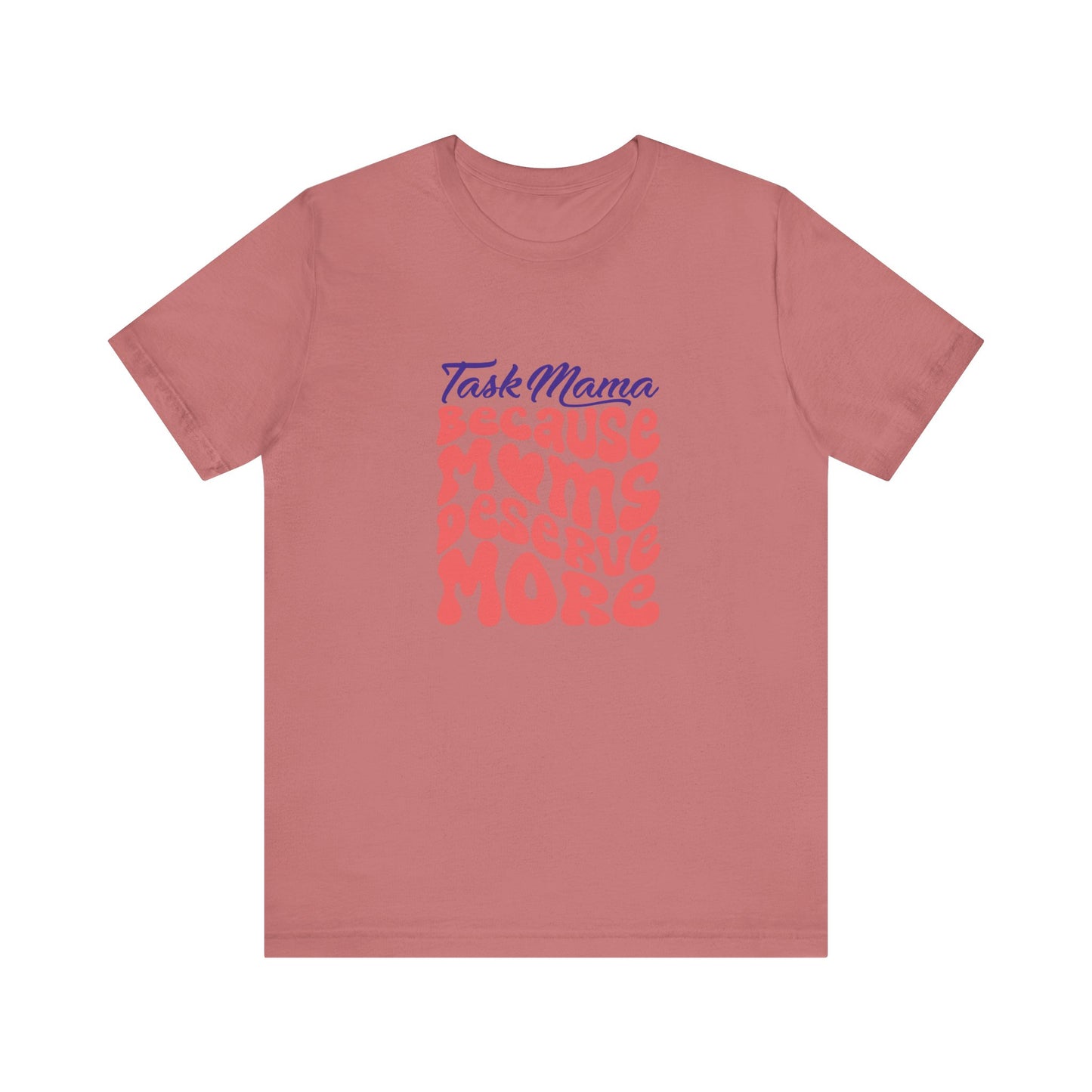 Pink t-shirt with blue and red text on a white background