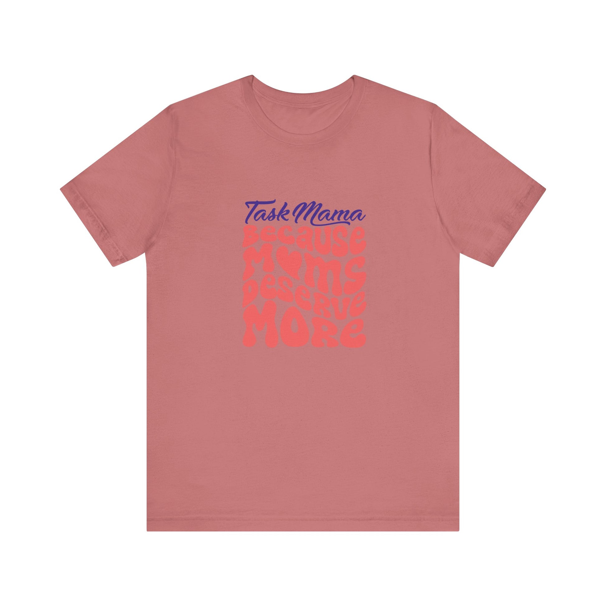 Pink t-shirt with blue and red text on a white background